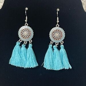 Western Inspired Silver and Blue Tassel Earrings